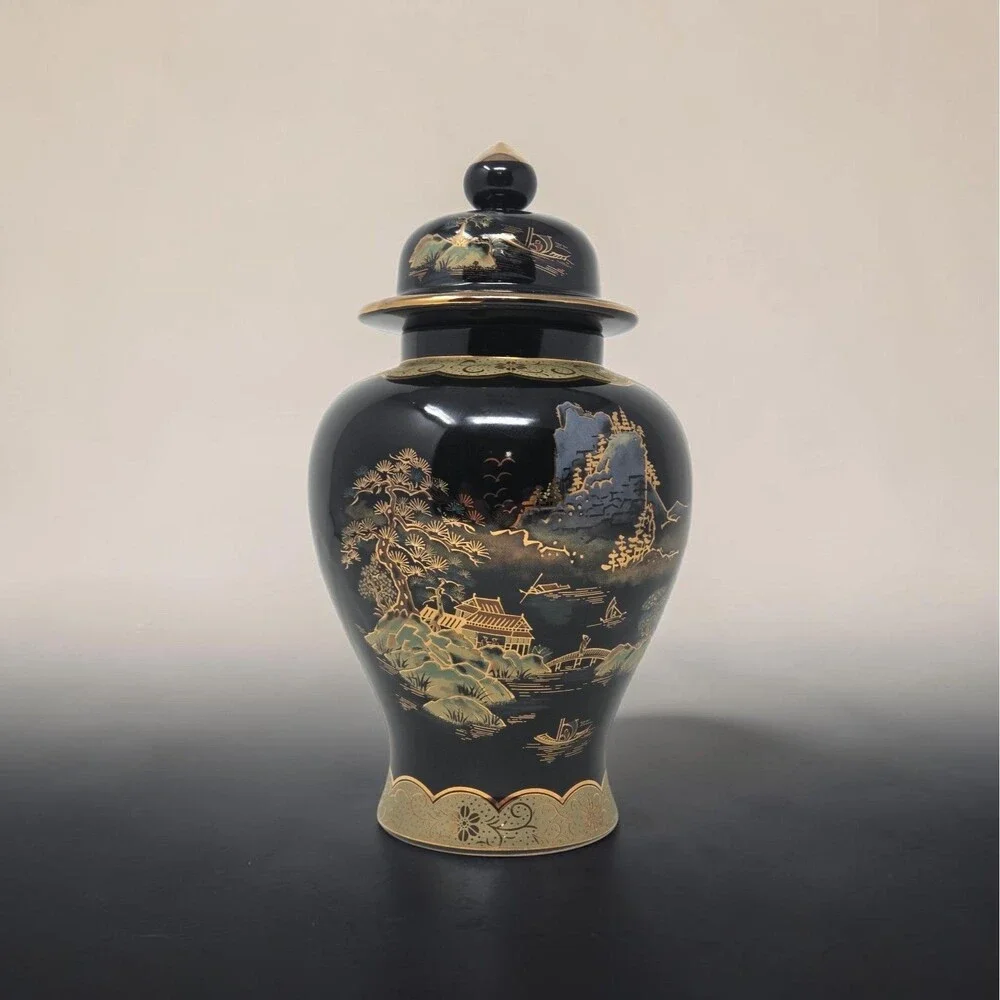 Vintage‎ Japanese Black Gold Ginger Jar Lidded Urn Scenic Landscape Decor